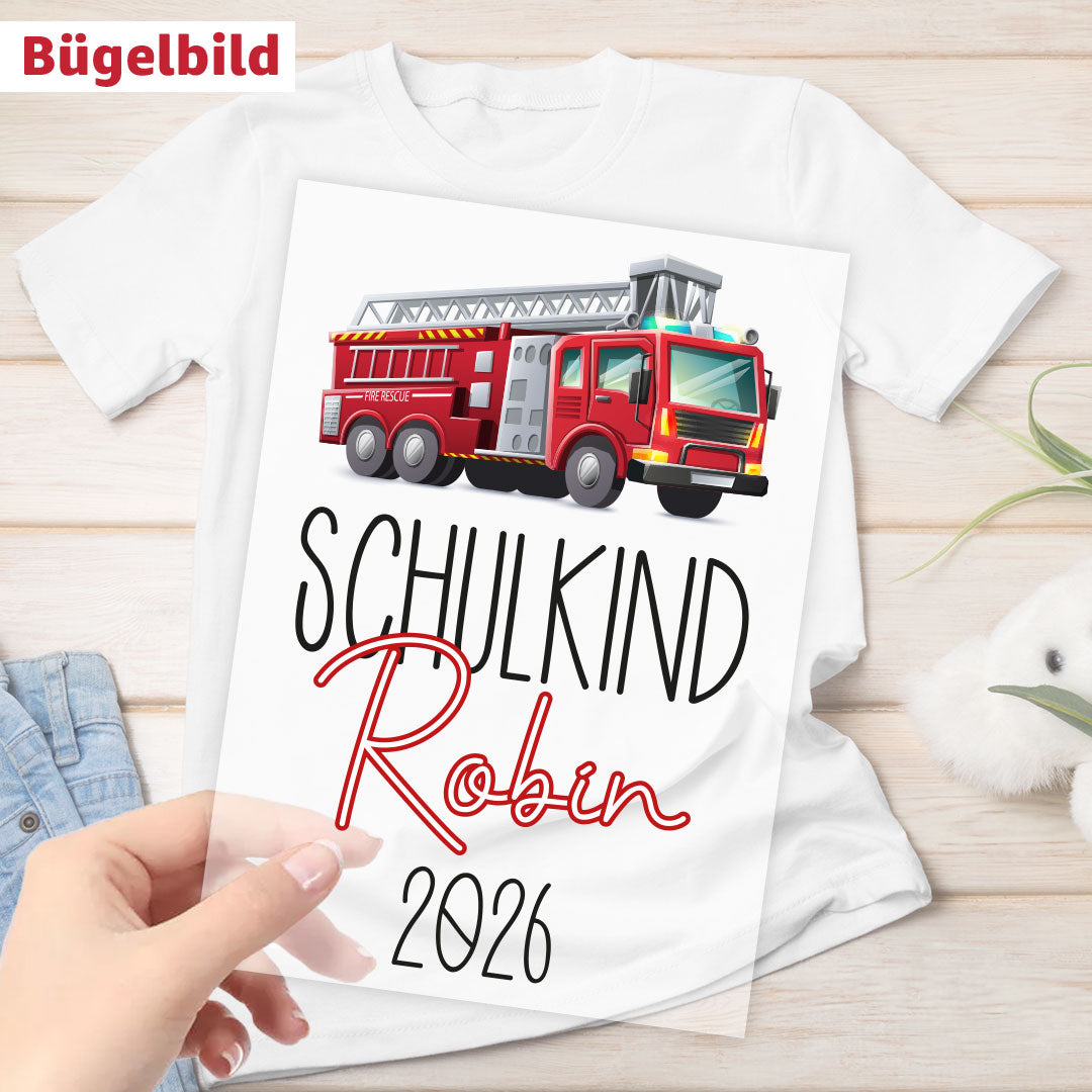 Bügelbild - Schulkind - Wunschname & Wunschjahr - Feuerwehr 112
