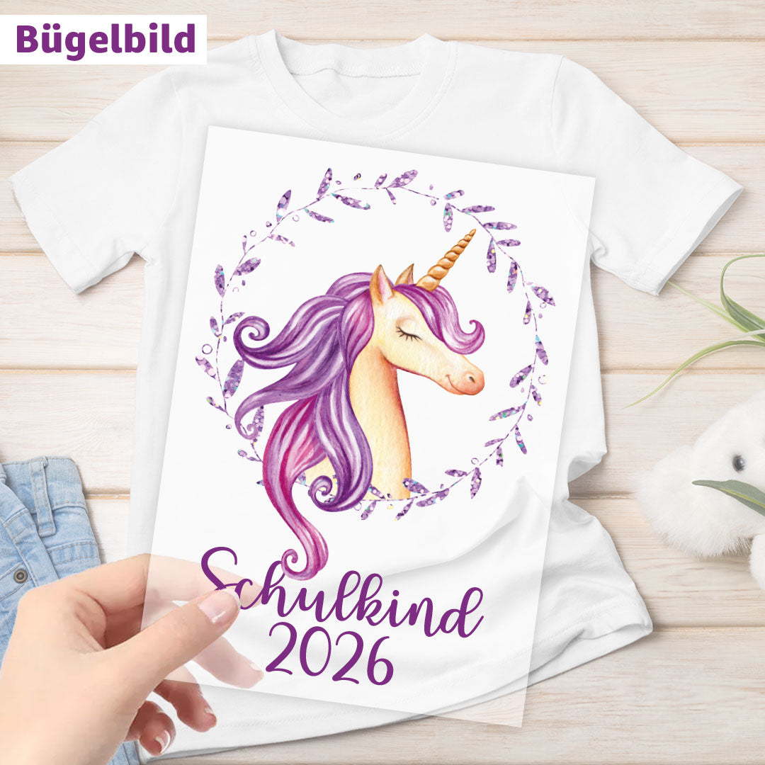 Bügelbild - Schulkind - Wunschname & Wunschjahr - Glitzer Einhorn