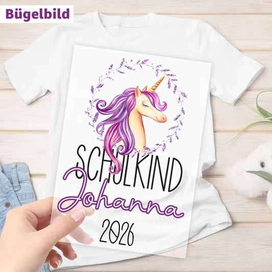 Bügelbild - Schulkind - Wunschname & Wunschjahr - Glitzer Einhorn