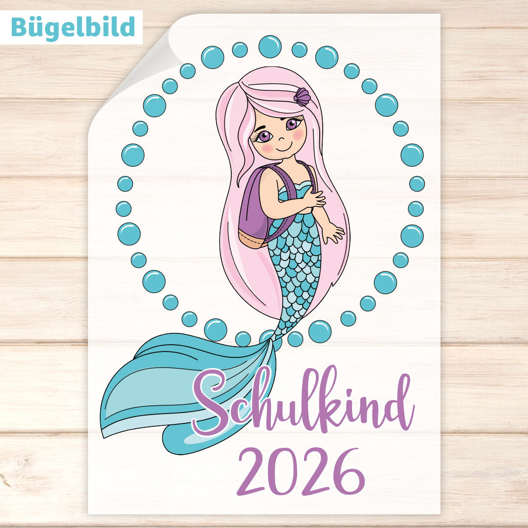 Bügelbild - Schulkind - Wunschname & Wunschjahr - Mermaid School