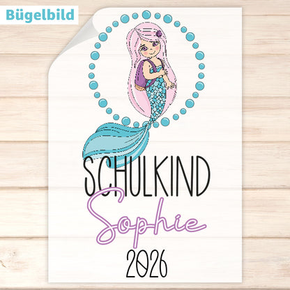 Bügelbild - Schulkind - Wunschname & Wunschjahr - Mermaid School