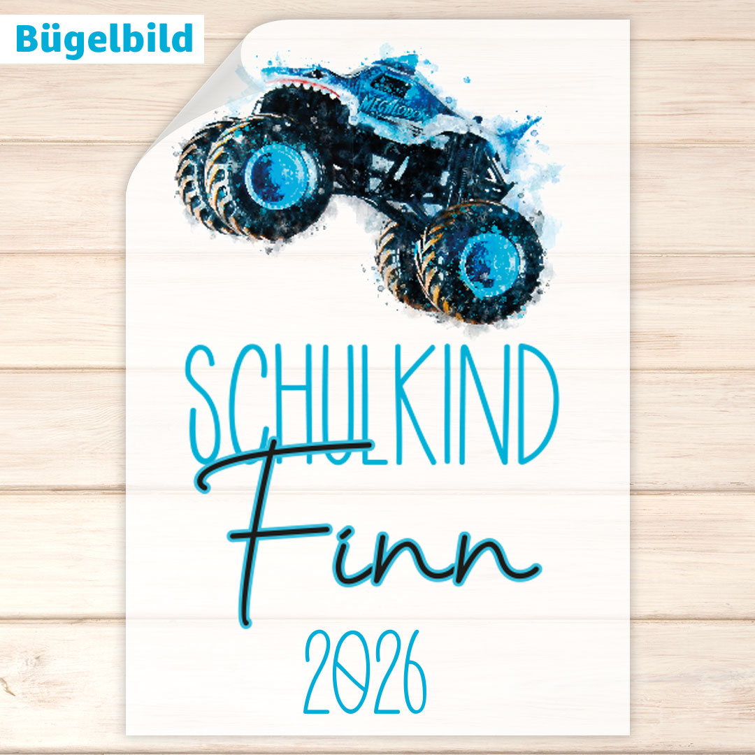 Bügelbild - Schulkind - Wunschname & Wunschjahr - Monstertruck