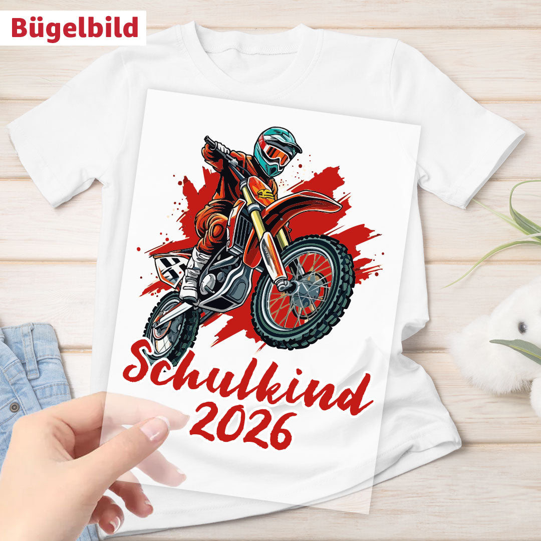 Bügelbild - Schulkind - Wunschname & Wunschjahr - Motorcross