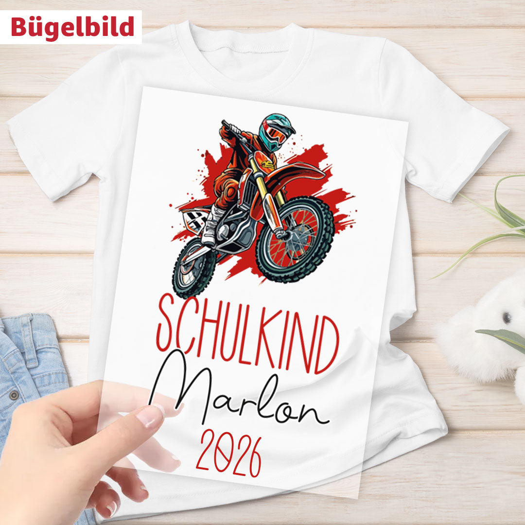 Bügelbild - Schulkind - Wunschname & Wunschjahr - Motorcross