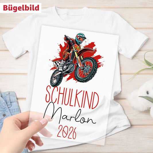 Bügelbild - Schulkind - Wunschname & Wunschjahr - Motorcross
