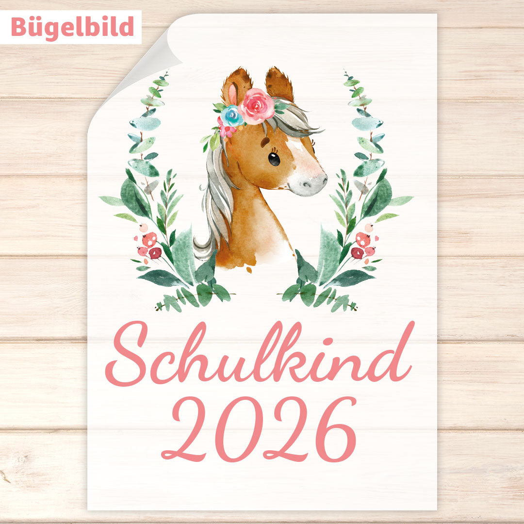 Bügelbild - Schulkind - Wunschname & Wunschjahr - Pony Frieda