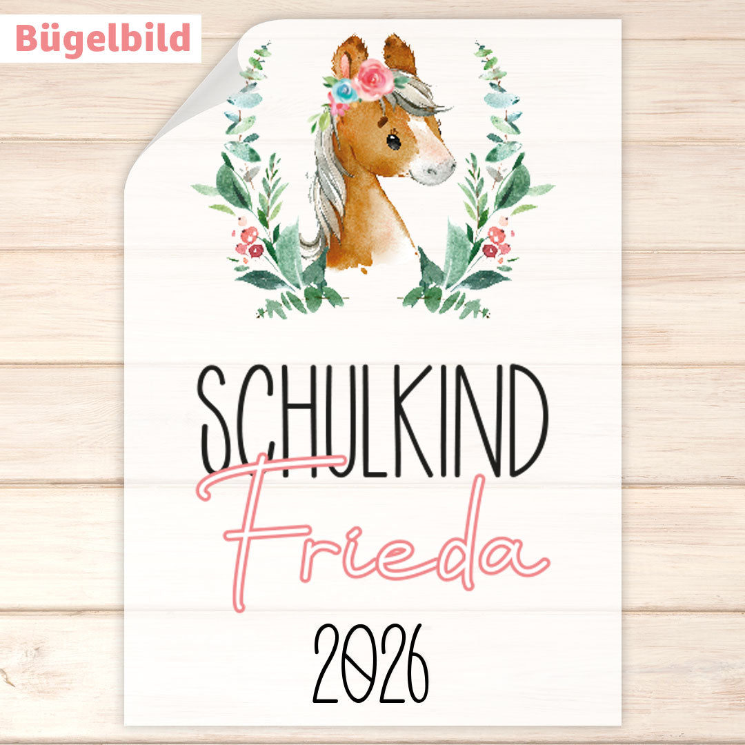 Bügelbild - Schulkind - Wunschname & Wunschjahr - Pony Frieda