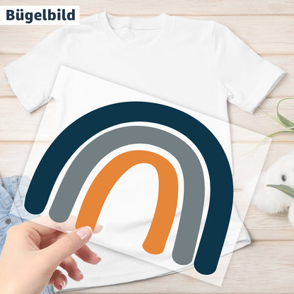 Bügelbild - Schulkind - Wunschname & Wunschjahr - Regenbogen classic - blau