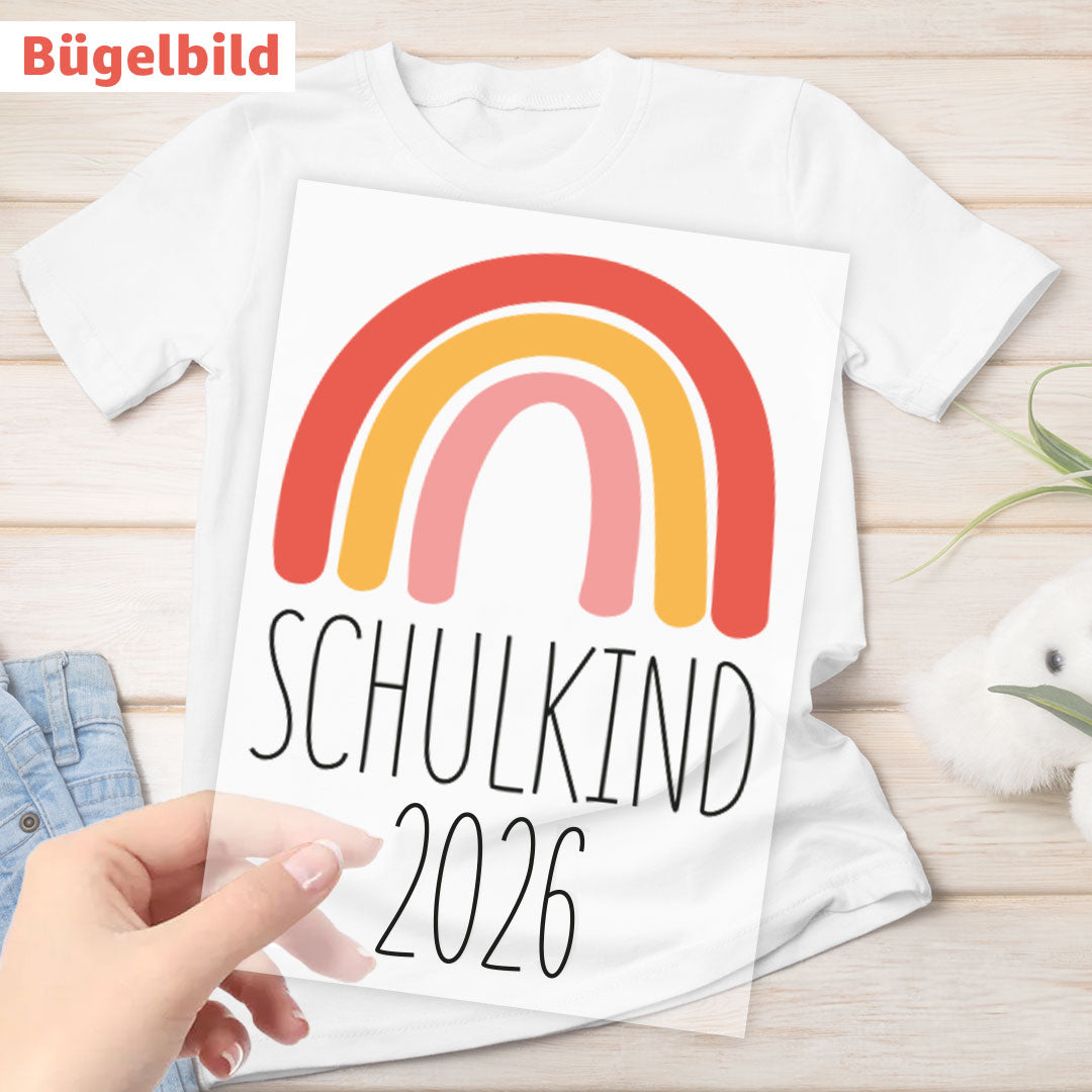 Bügelbild - Schulkind - Wunschname & Wunschjahr - Regenbogen classic - rosa
