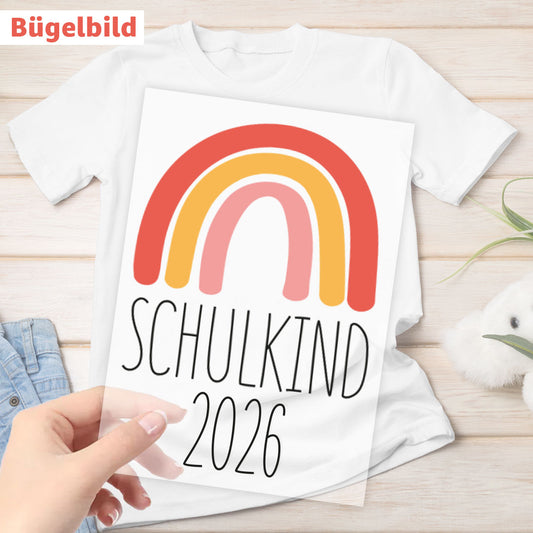 Bügelbild - Schulkind - Wunschname & Wunschjahr - Regenbogen classic - rosa
