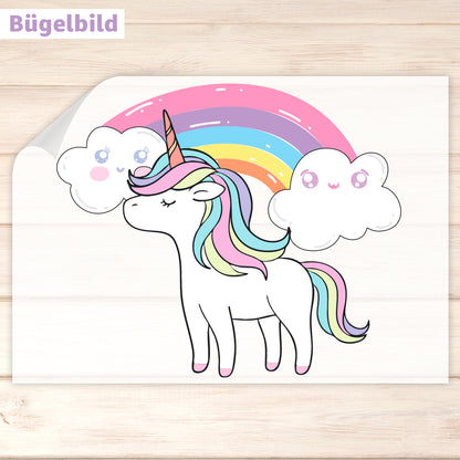 Bügelbild - Schulkind - Wunschname & Wunschjahr - Regenbogen Einhorn