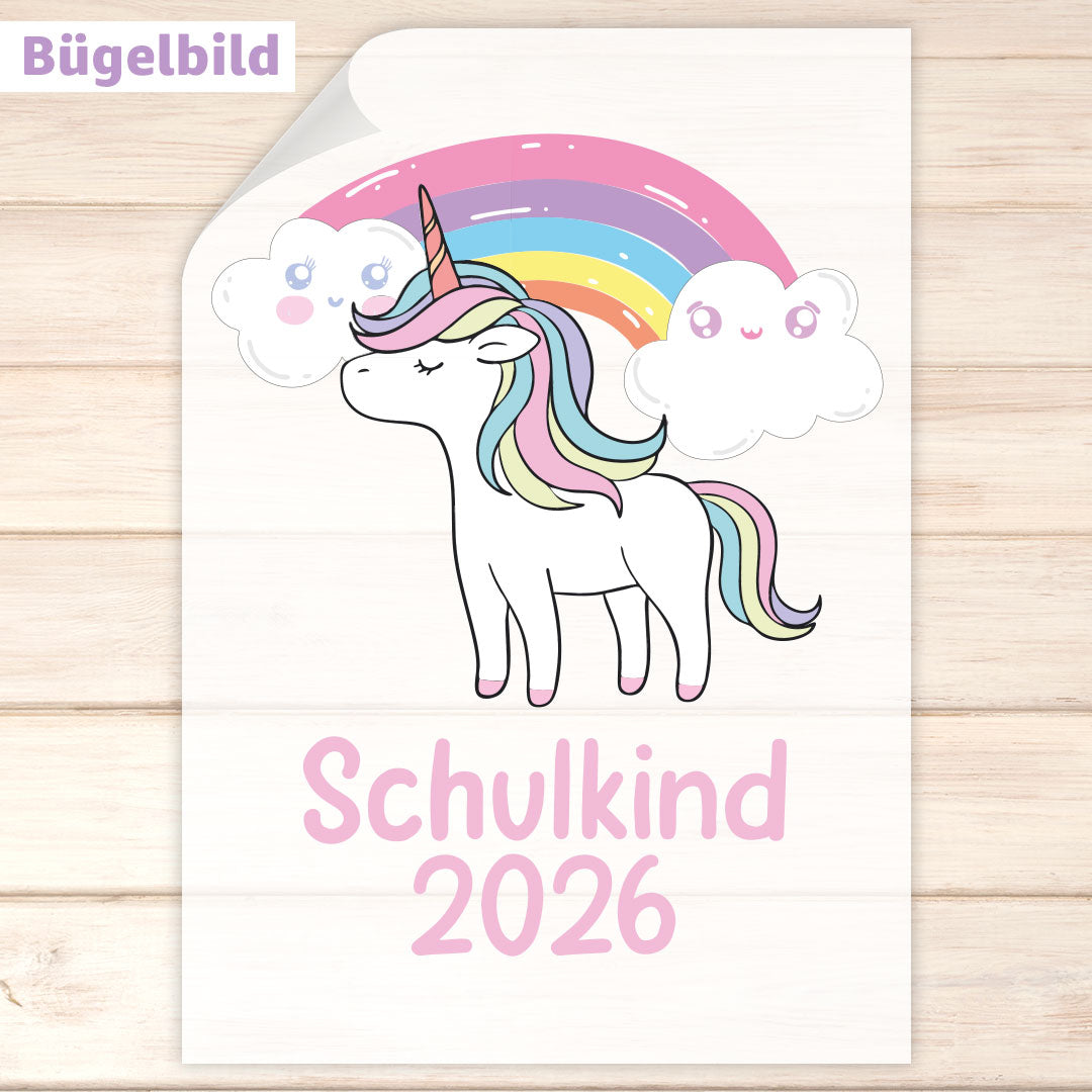 Bügelbild - Schulkind - Wunschname & Wunschjahr - Regenbogen Einhorn