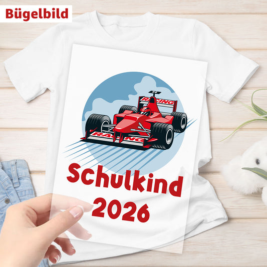 Bügelbild - Schulkind - Wunschname & Wunschjahr - Rennauto
