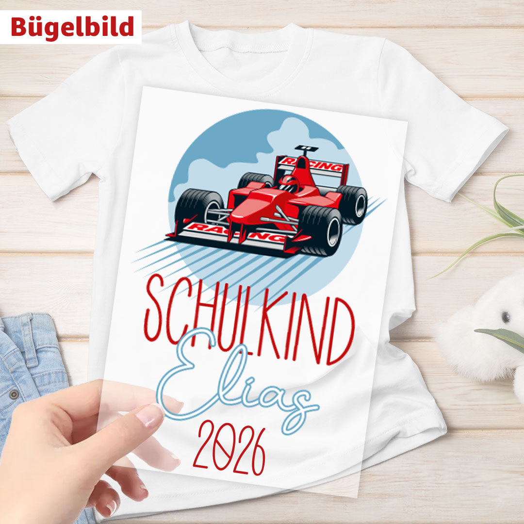 Bügelbild - Schulkind - Wunschname & Wunschjahr - Rennauto