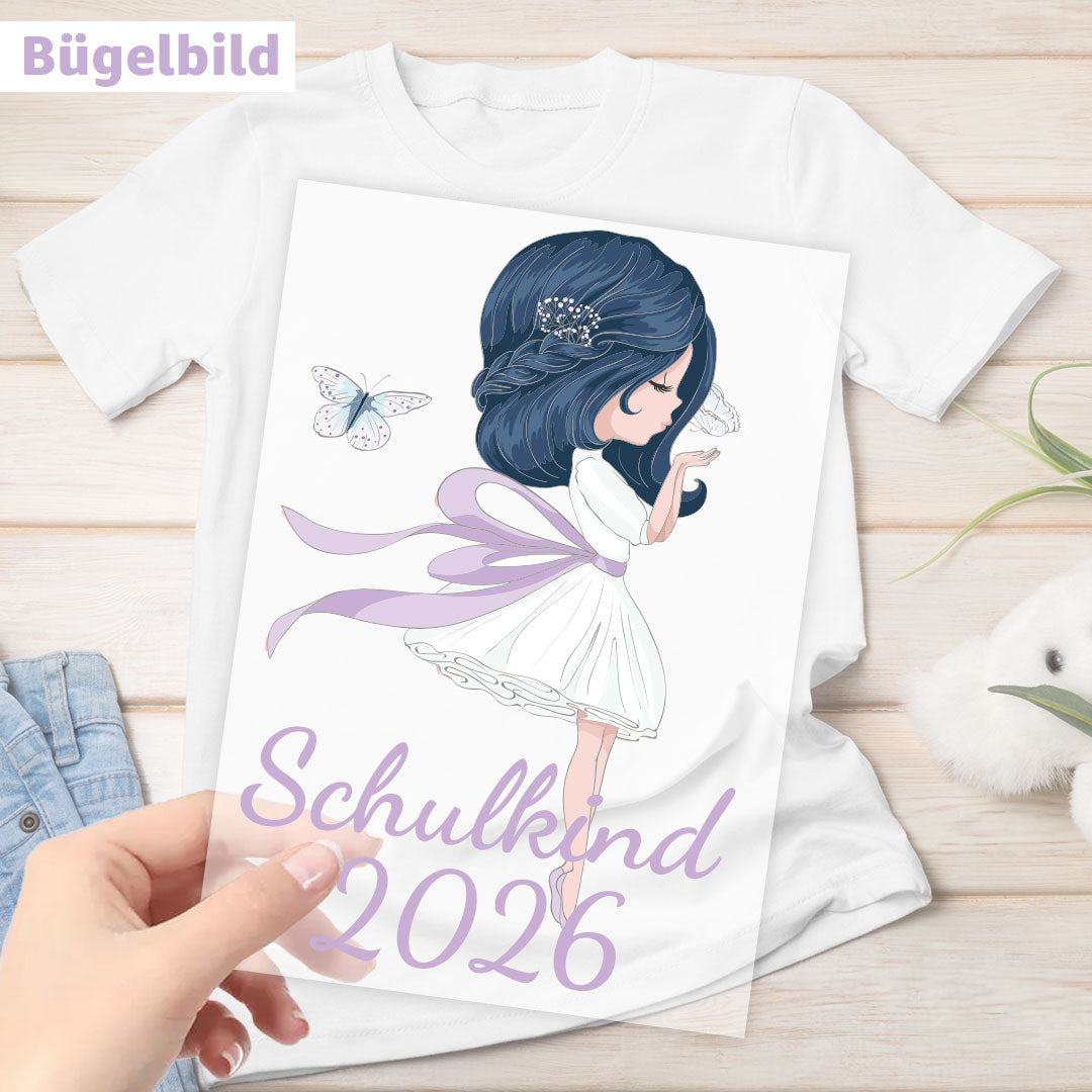 Bügelbild - Schulkind - Wunschname & Wunschjahr - Schmetterlingsmädchen