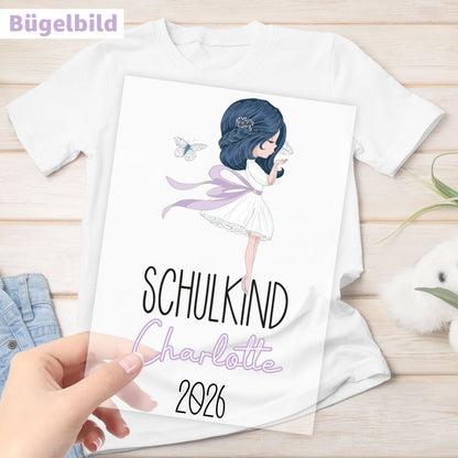 Bügelbild - Schulkind - Wunschname & Wunschjahr - Schmetterlingsmädchen