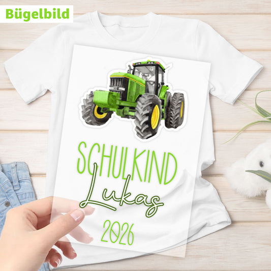 Bügelbild - Schulkind - Wunschname & Wunschjahr - Traktor