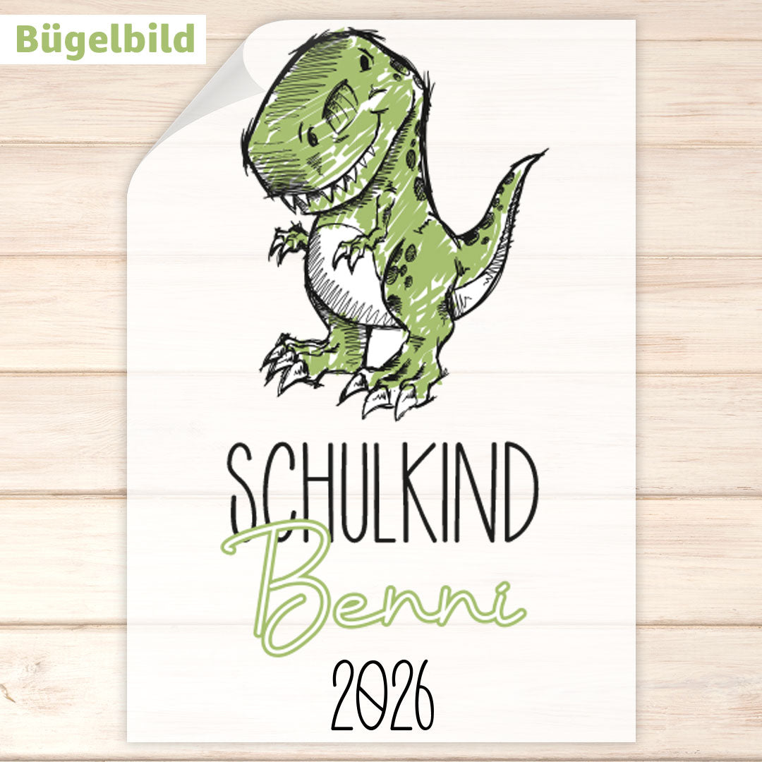 Bügelbild - Schulkind - Wunschname & Wunschjahr - T-Rex