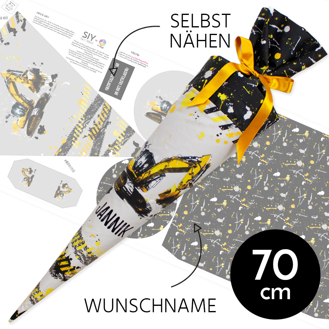 DIY Schultüte zum Selbernähen Schnittmuster auf Stoff mit Wunschname personalisierbar – Bagger - 70 cm