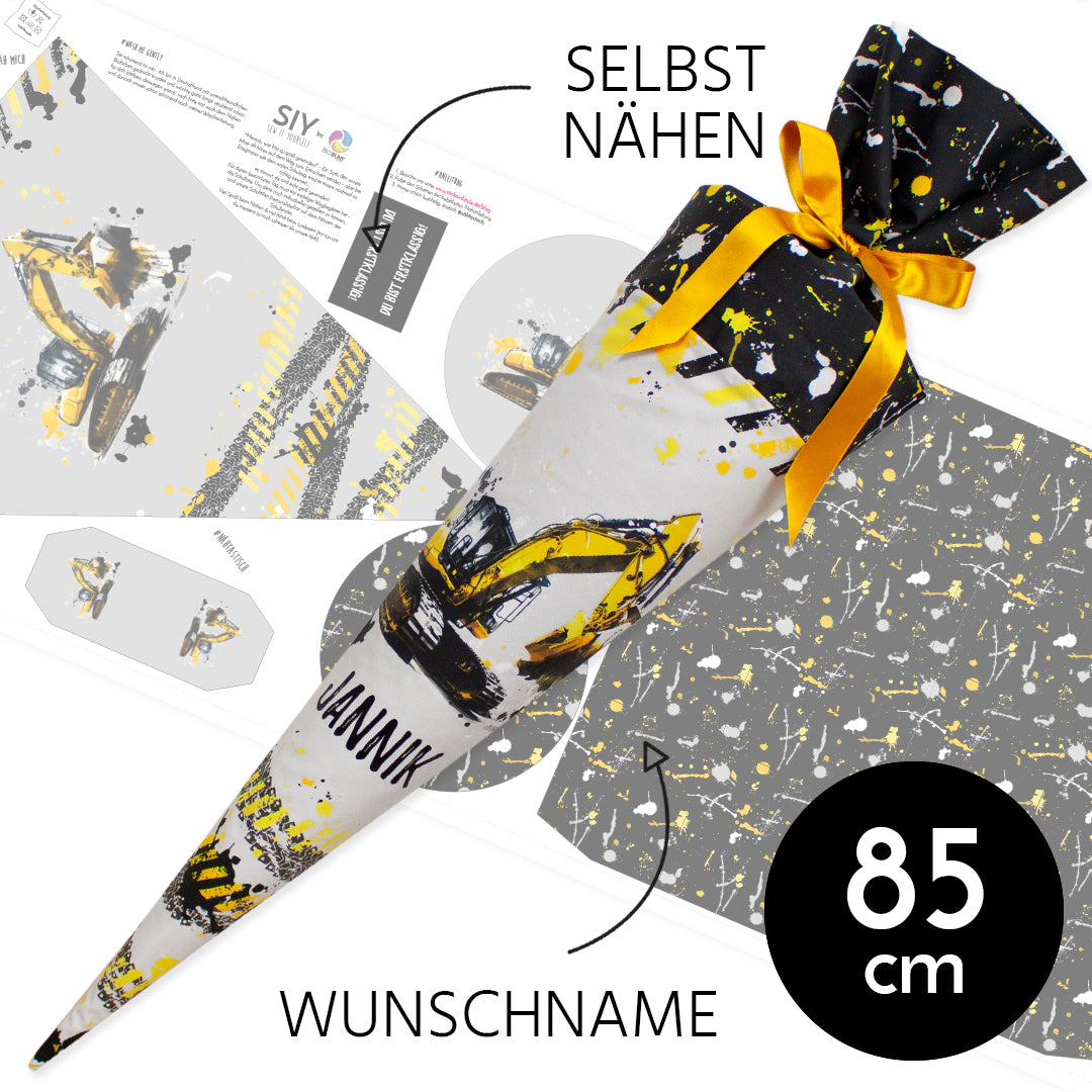 DIY Schultüte zum Selbernähen Schnittmuster auf Stoff mit Wunschname personalisierbar – Bagger - 85 cm