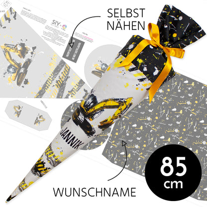 DIY Schultüte zum Selbernähen Schnittmuster auf Stoff mit Wunschname personalisierbar – Bagger - 85 cm