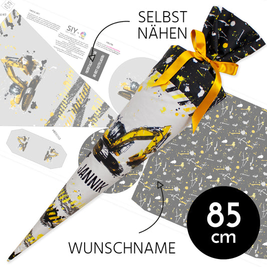 DIY Schultüte zum Selbernähen Schnittmuster auf Stoff mit Wunschname personalisierbar – Bagger - 85 cm
