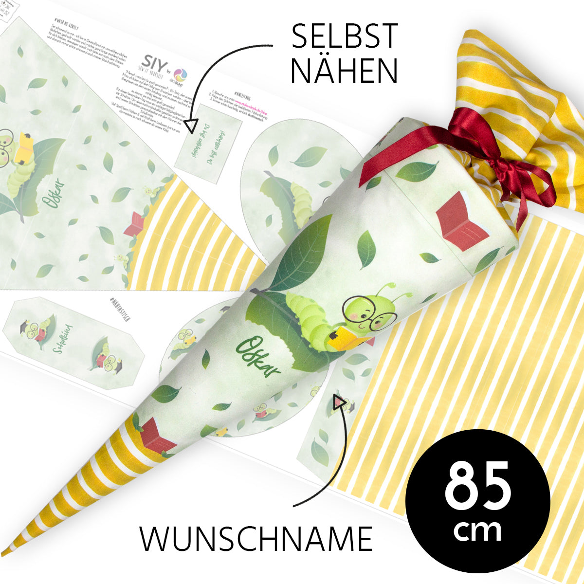 DIY Schultüte zum Selbernähen Schnittmuster auf Stoff mit Wunschname personalisierbar – Bücherwurm - 85 cm