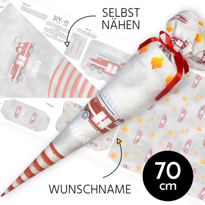 DIY Schultüte zum Selbernähen Schnittmuster auf Stoff mit Wunschname personalisierbar – Feuerwehrauto - 70 cm
