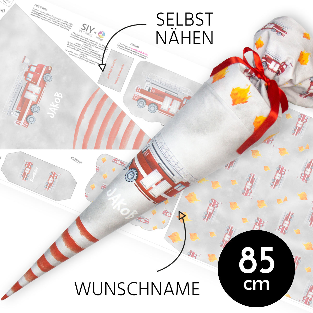 DIY Schultüte zum Selbernähen Schnittmuster auf Stoff mit Wunschname personalisierbar - Feuerwehrauto - 85 cm