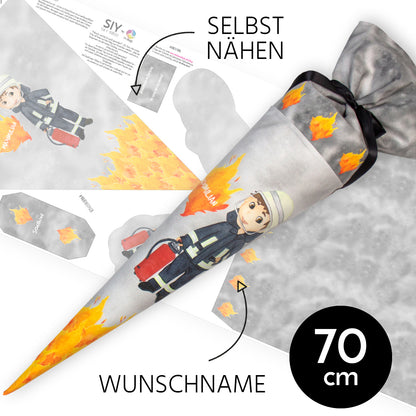 DIY Schultüte zum Selbernähen Schnittmuster auf Stoff mit Wunschname personalisierbar – Feuerwehrmann - 70 cm