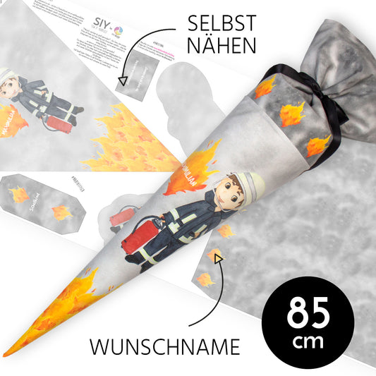 DIY Schultüte zum Selbernähen Schnittmuster auf Stoff mit Wunschname personalisierbar - Feuerwehrmann - 85 cm