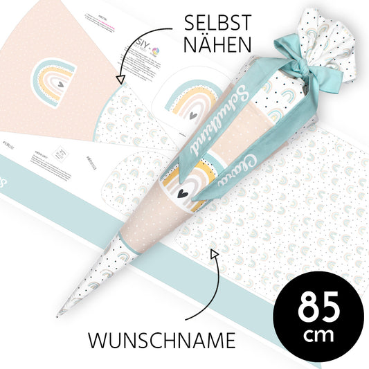 DIY Schultüte zum Selbernähen Schnittmuster auf Stoff mit Wunschname personalisierbar - Happy Rainbows Schleife - 85 cm