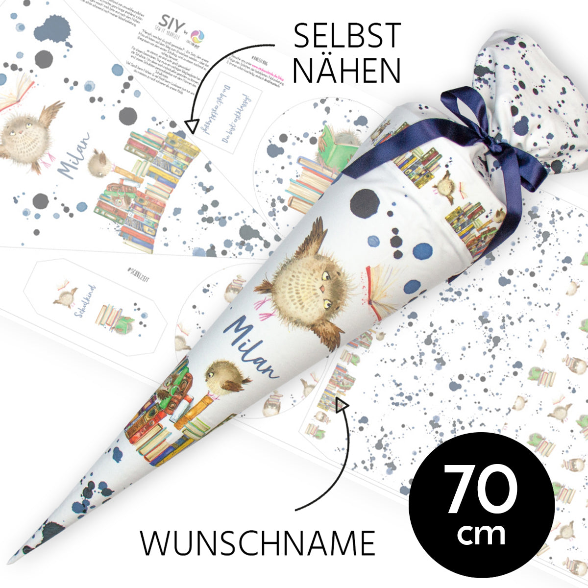 DIY Schultüte zum Selbernähen Schnittmuster auf Stoff mit Wunschname personalisierbar - Kleine Eule - 70 cm
