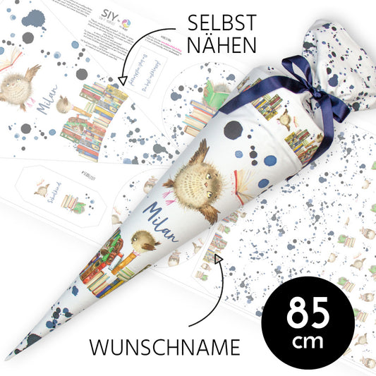 DIY Schultüte zum Selbernähen Schnittmuster auf Stoff mit Wunschname personalisierbar - Kleine Eule - 85 cm