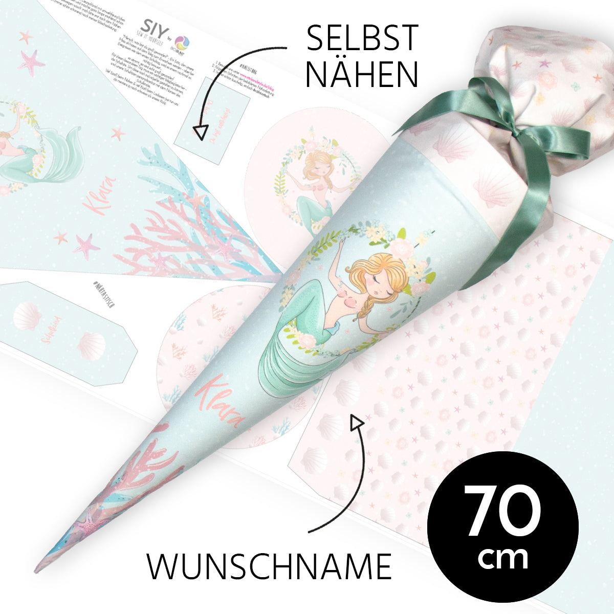 DIY Schultüte zum Selbernähen Schnittmuster auf Stoff mit Wunschname personalisierbar - Meera Mermaid - 70 cm