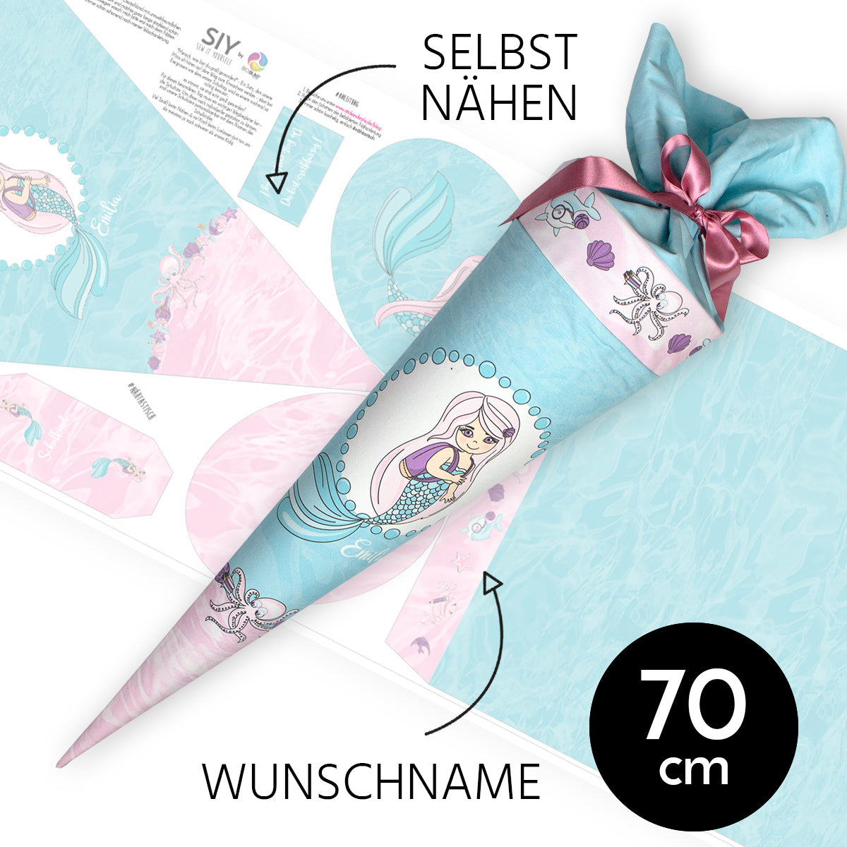 DIY Schultüte zum Selbernähen Schnittmuster auf Stoff mit Wunschname personalisierbar - Mermaid School - 70 cm
