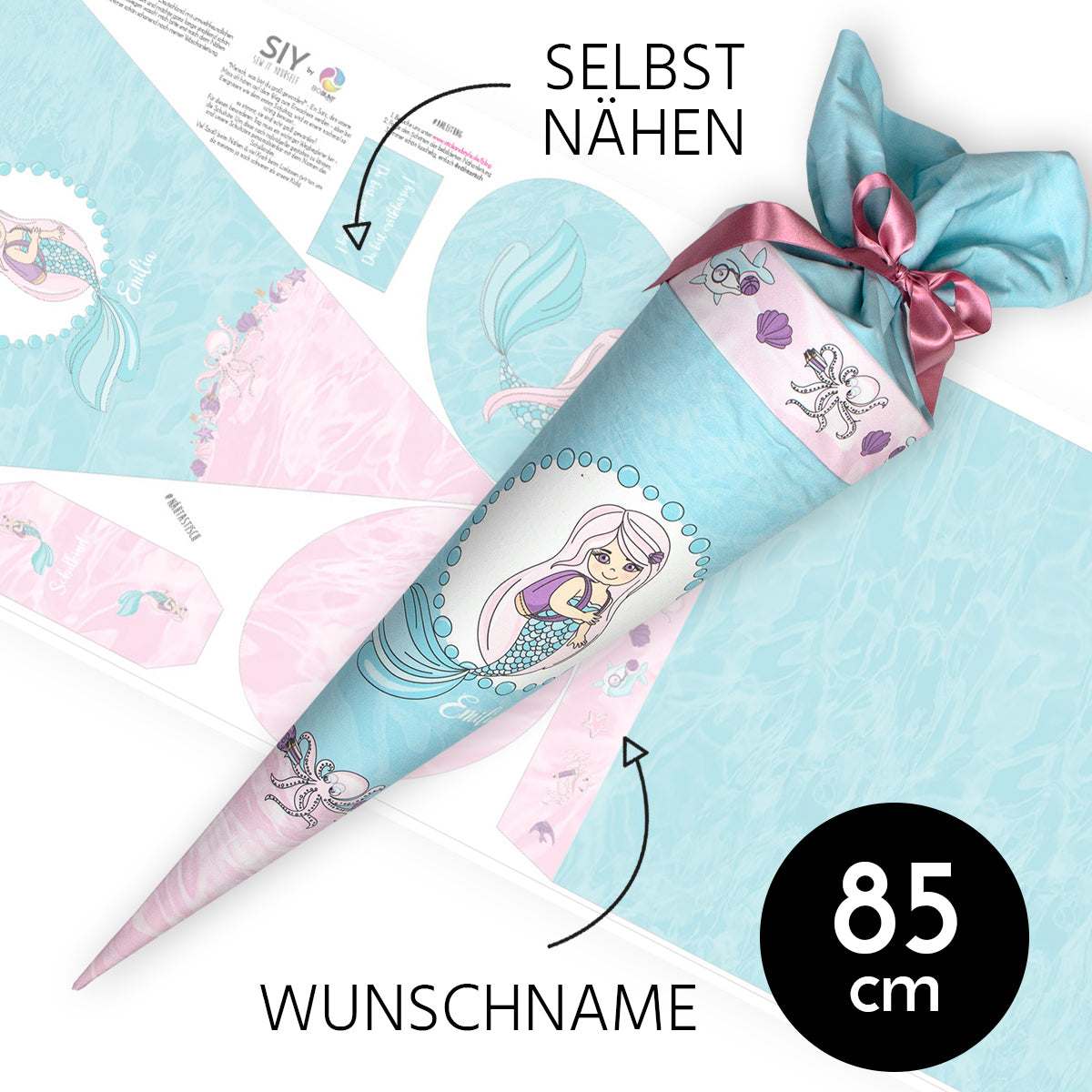 DIY Schultüte zum Selbernähen Schnittmuster auf Stoff mit Wunschname personalisierbar - Mermaid School - 85 cm