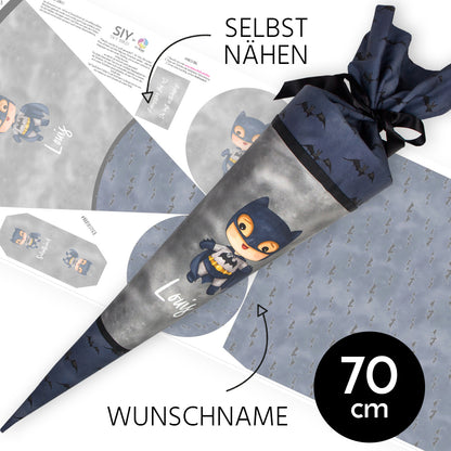 DIY Schultüte zum Selbernähen Schnittmuster auf Stoff mit Wunschname personalisierbar - Mr. Cool - 70 cm