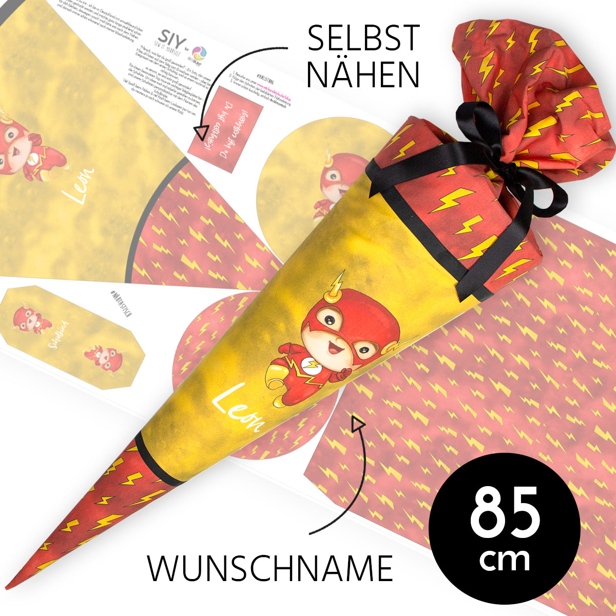 DIY Schultüte zum Selbernähen Schnittmuster auf Stoff mit Wunschname personalisierbar - Mr. Flink - 85 cm