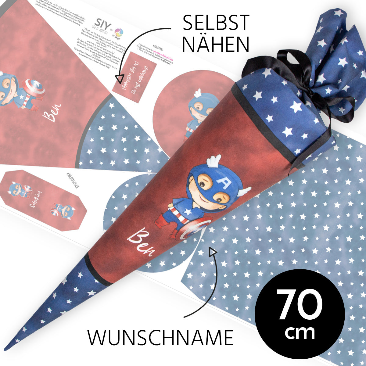 DIY Schultüte zum Selbernähen Schnittmuster auf Stoff mit Wunschname personalisierbar - Mr. Super - 70 cm