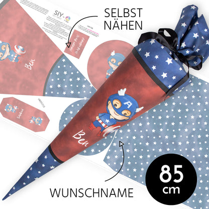 DIY Schultüte zum Selbernähen Schnittmuster auf Stoff mit Wunschname personalisierbar - Mr. Super - 85 cm
