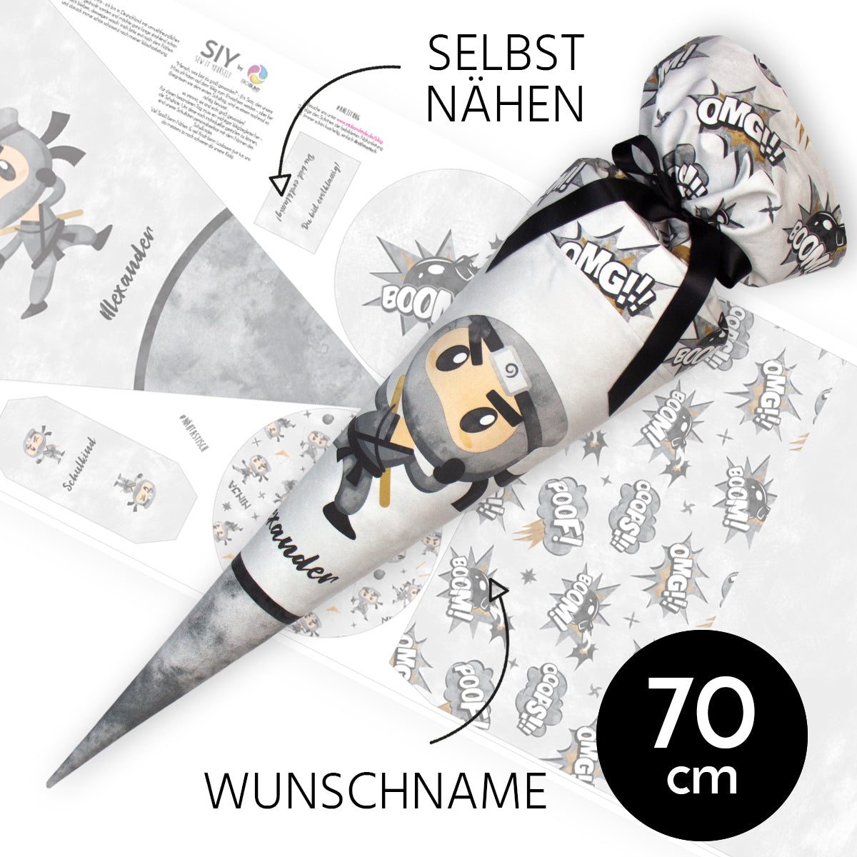 DIY Schultüte zum Selbernähen Schnittmuster auf Stoff mit Wunschname personalisierbar - Ninja - 70 cm