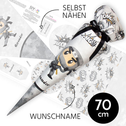 DIY Schultüte zum Selbernähen Schnittmuster auf Stoff mit Wunschname personalisierbar - Ninja - 70 cm