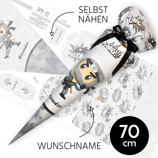 DIY Schultüte zum Selbernähen Schnittmuster auf Stoff mit Wunschname personalisierbar - Ninja - 70 cm