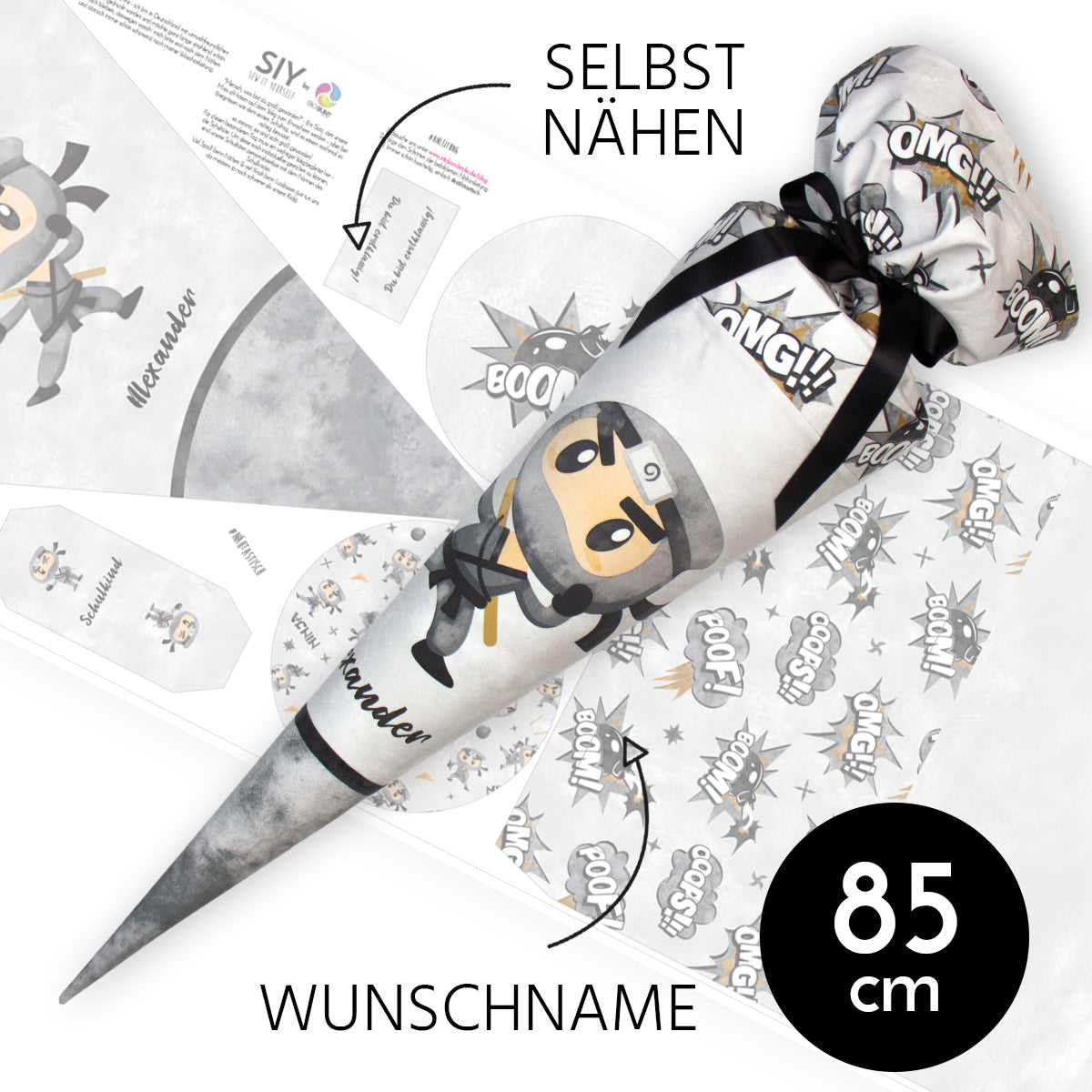 DIY Schultüte zum Selbernähen Schnittmuster auf Stoff mit Wunschname personalisierbar - Ninja - 85 cm