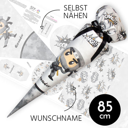 DIY Schultüte zum Selbernähen Schnittmuster auf Stoff mit Wunschname personalisierbar - Ninja - 85 cm