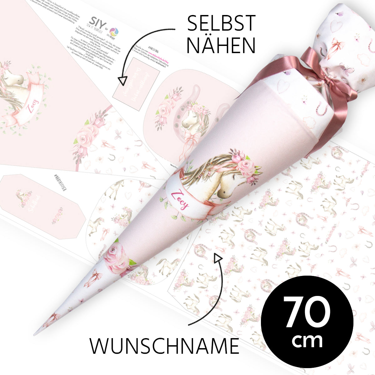 DIY Schultüte zum Selbernähen Schnittmuster auf Stoff mit Wunschname personalisierbar - Pretty Pony - 70 cm
