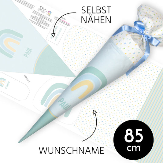 DIY Schultüte zum Selbernähen Schnittmuster auf Stoff mit Wunschname personalisierbar - Regenbogen hellblau/mint - 85 cm