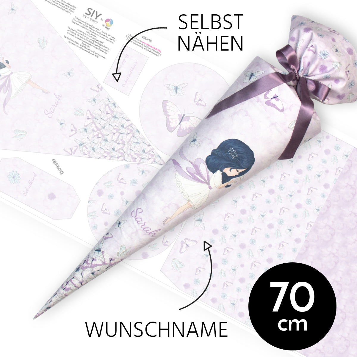 DIY Schultüte zum Selbernähen Schnittmuster auf Stoff mit Wunschname personalisierbar - Schmetterlingsmädchen - 70 cm