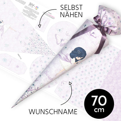 DIY Schultüte zum Selbernähen Schnittmuster auf Stoff mit Wunschname personalisierbar - Schmetterlingsmädchen - 70 cm